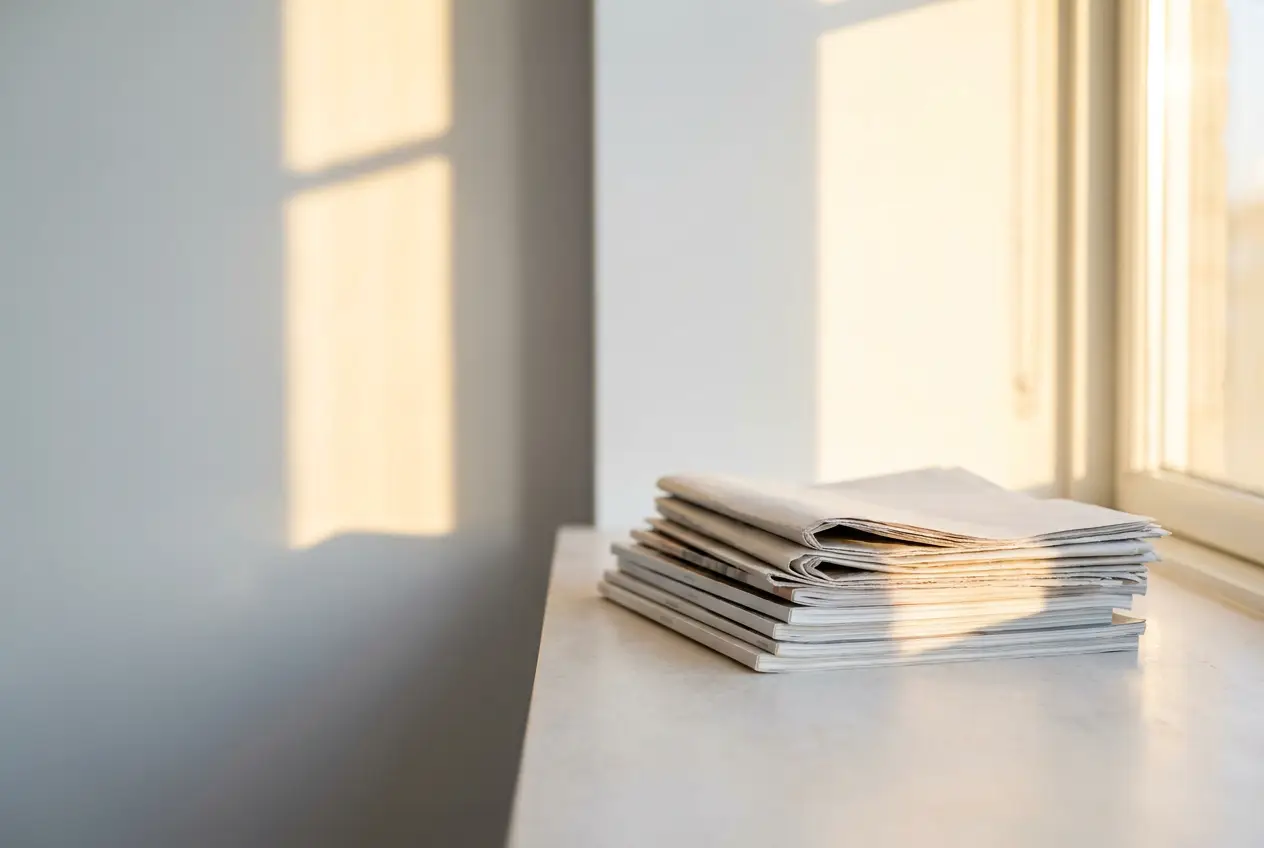 Newspapers and magazines lit by warm high-noon sunlight